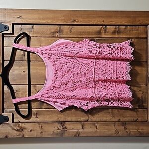 Charlie Paige Pink Crochet with Silky Liner Cami Tank Top Size Medium